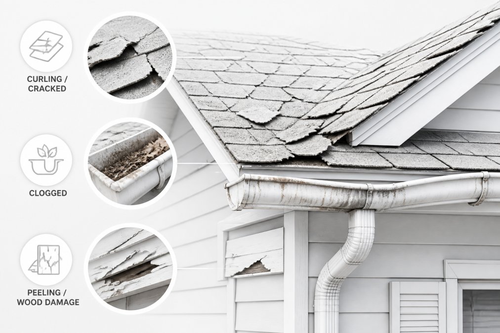 Close-up of deteriorated roof shingles and worn gutters on older residential home exterior, showing weathering and age