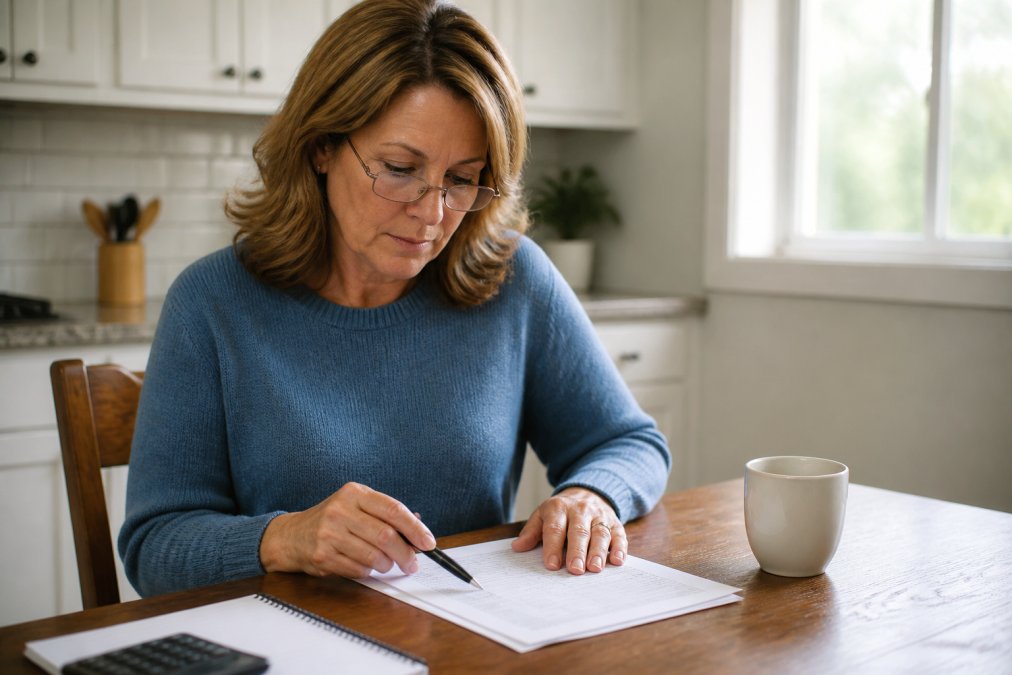 Homeowner with reading glasses sitting at kitchen table, carefully reviewing and pointing to details on a homeowners insurance declarations page document with pen in hand, natural morning light from window