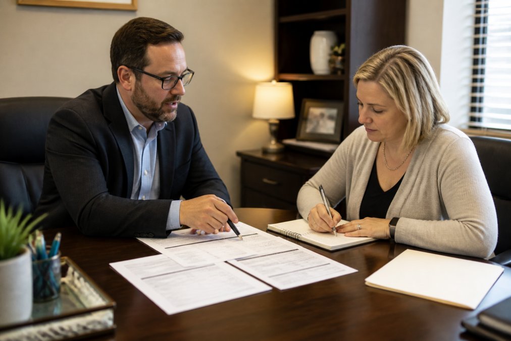 Insurance agent and homeowner sitting across from each other at professional office desk, reviewing and discussing policy documents together, with agent pointing to specific details while client takes notes, warm office lighting