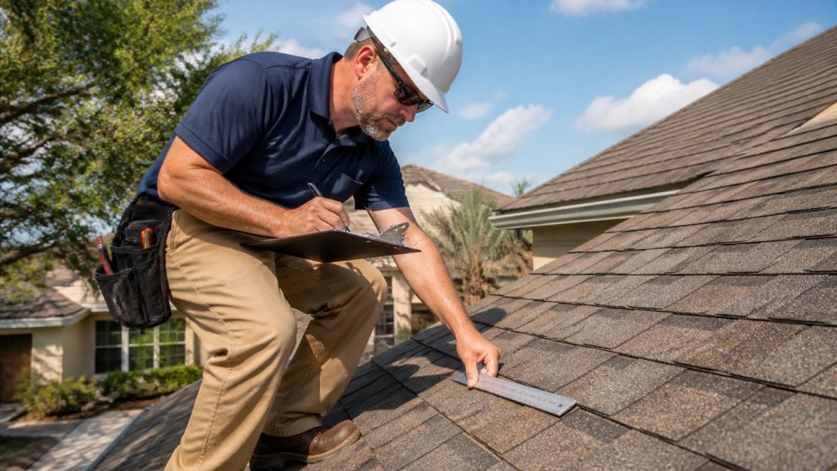 Professional roof inspector in safety gear conducting detailed inspection on residential home, using measuring tools and clipboard, examining shingle condition and roof structure in bright daylight