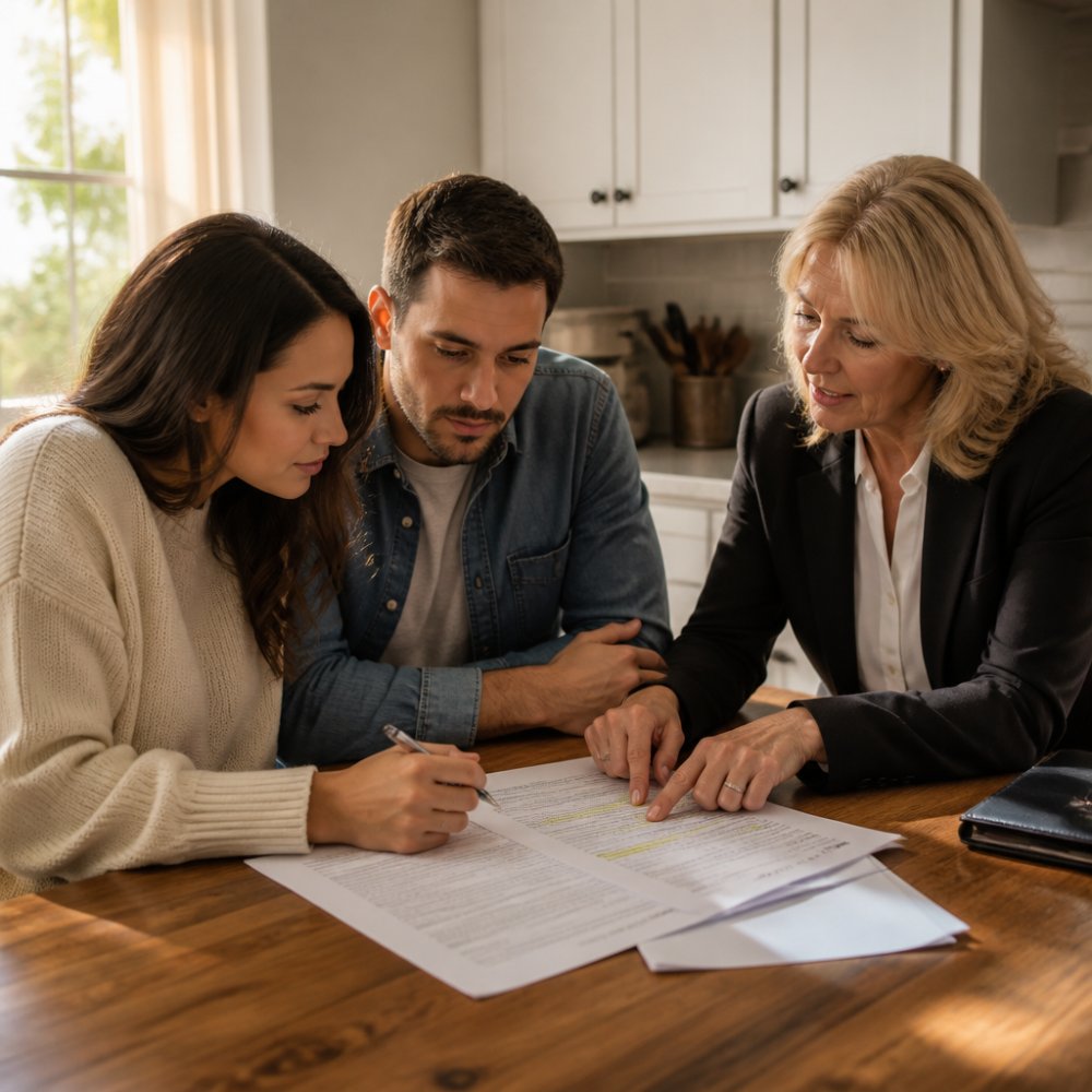 A first-time homebuyer sitting at a kitchen table with a real estate contract spread out, pen in hand, as a realtor points to a highlighted clause under warm afternoon window light