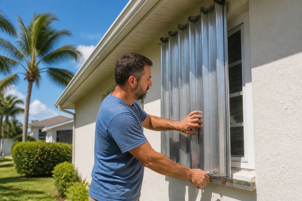 Homeowner installing metal hurricane shutters on a Florida house to qualify for homeowners insurance discounts