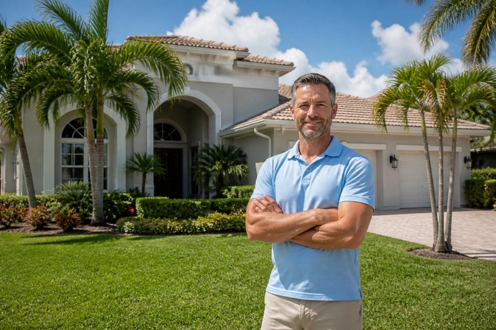 Homeowner standing in front of their Florida residence on a sunny day, looking confident with clear view of the house structure and landscaping