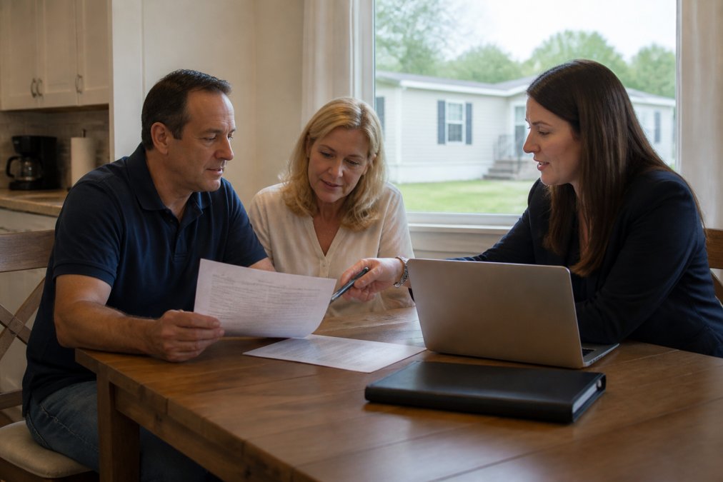 A Florida homeowner and an insurance agent reviewing policy documents together at a kitchen table, with a laptop showing a quote comparison and a manufactured home visible through the window