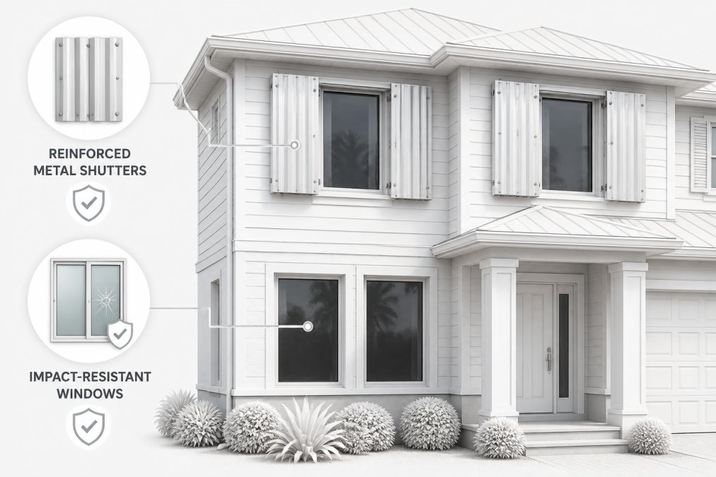 Close-up of a residential home exterior showing hurricane-resistant features including reinforced metal shutters and impact-resistant windows installed on a two-story house