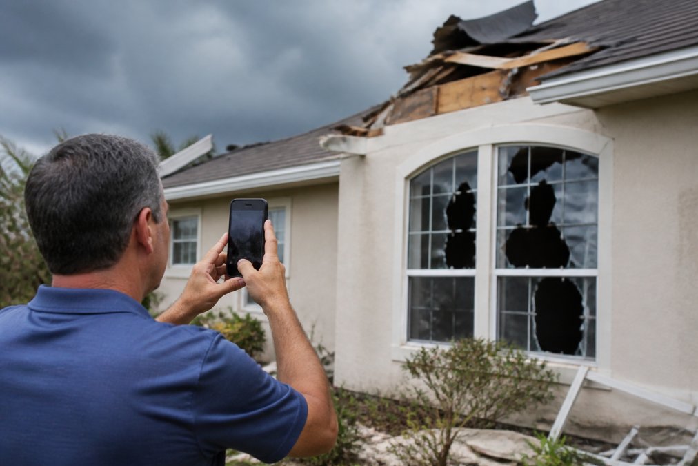 A homeowner documenting hurricane damage to their residential property with a smartphone, photographing broken windows and torn roof sections in natural daylight, with visible storm clouds in the background