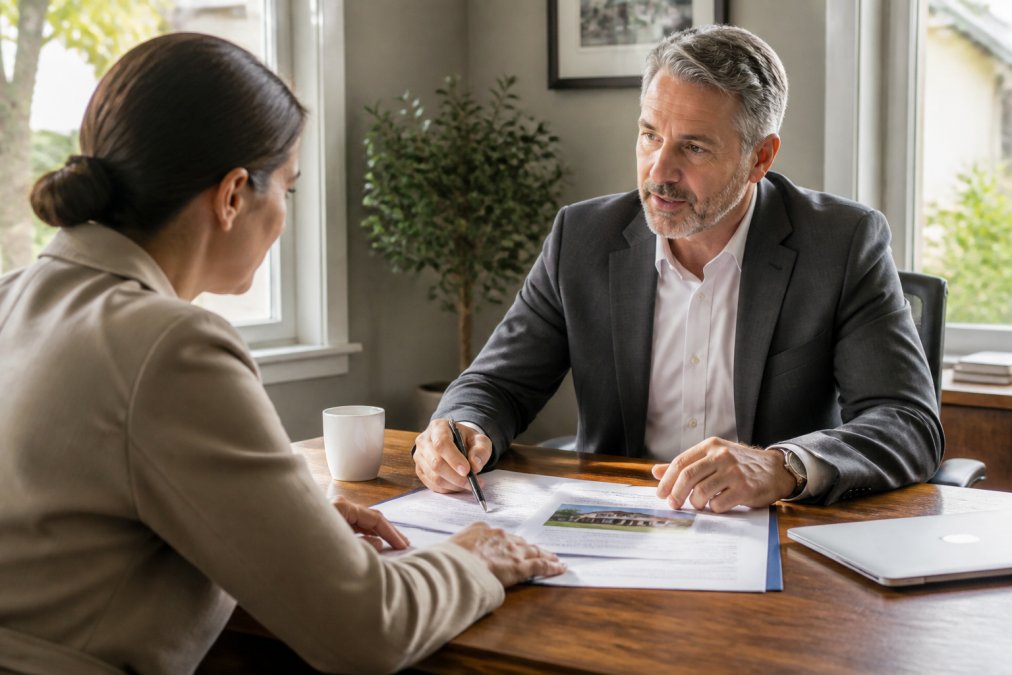 Insurance agent sitting across from client at wooden desk in professional office, reviewing homeowners insurance policy documents and discussing coverage options with natural sunlight streaming through windows