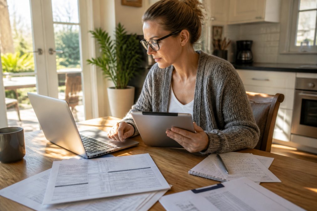 Homeowner using laptop and tablet at kitchen table, comparing insurance quotes with printed documents and handwritten notes spread across wooden surface, morning sunlight