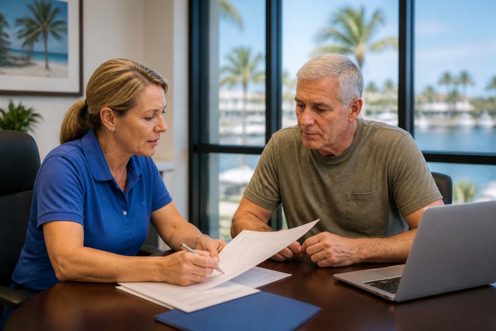 Licensed insurance agent reviewing claim paperwork with a client in an office, highlighting insurance agency vs online