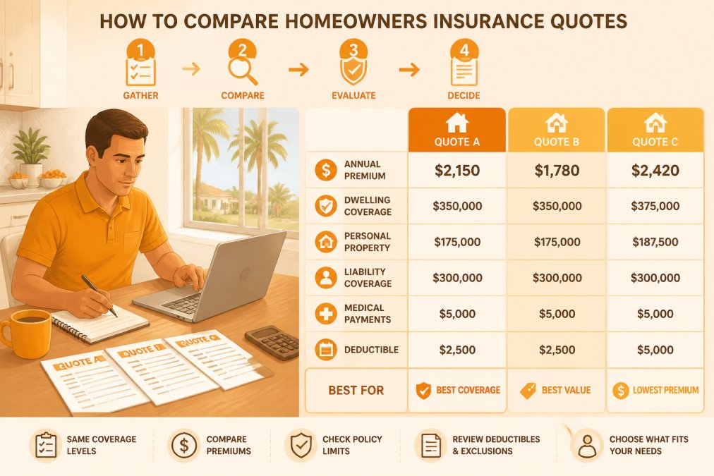 A homeowner sitting at a kitchen table with a laptop, notepad, and printed insurance documents, comparing quotes side by side in a bright Florida home