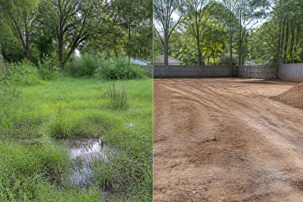 A residential property with visible drainage issues, standing water pooling in low spots, and dense overgrown vegetation covering the yard before professional site preparation work
