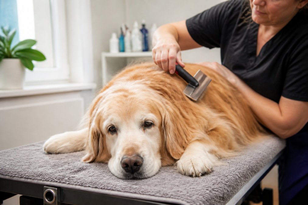 Step-by-step infographic illustrating a gentle pet grooming process for calm, senior, and anxious dogs.