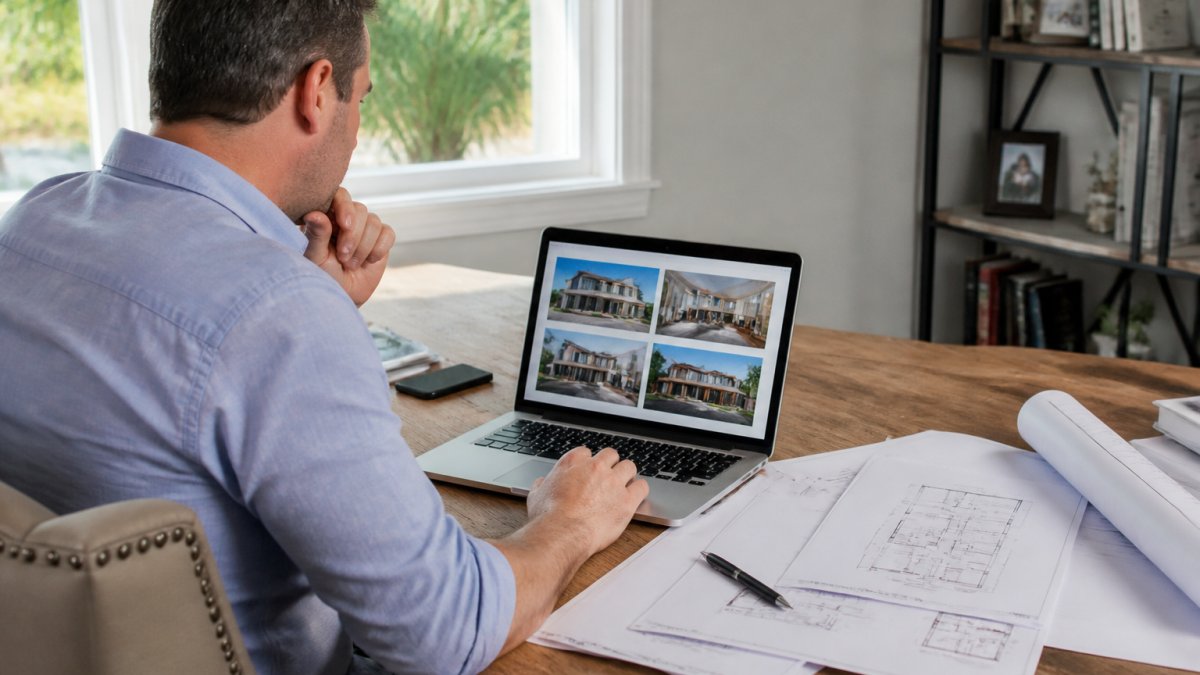A Florida real estate investor builder reviewing construction project portfolios and documents on a laptop.