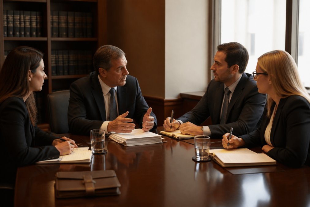 Professional meeting in a law office conference room with attorneys and clients discussing business matters, formal lighting