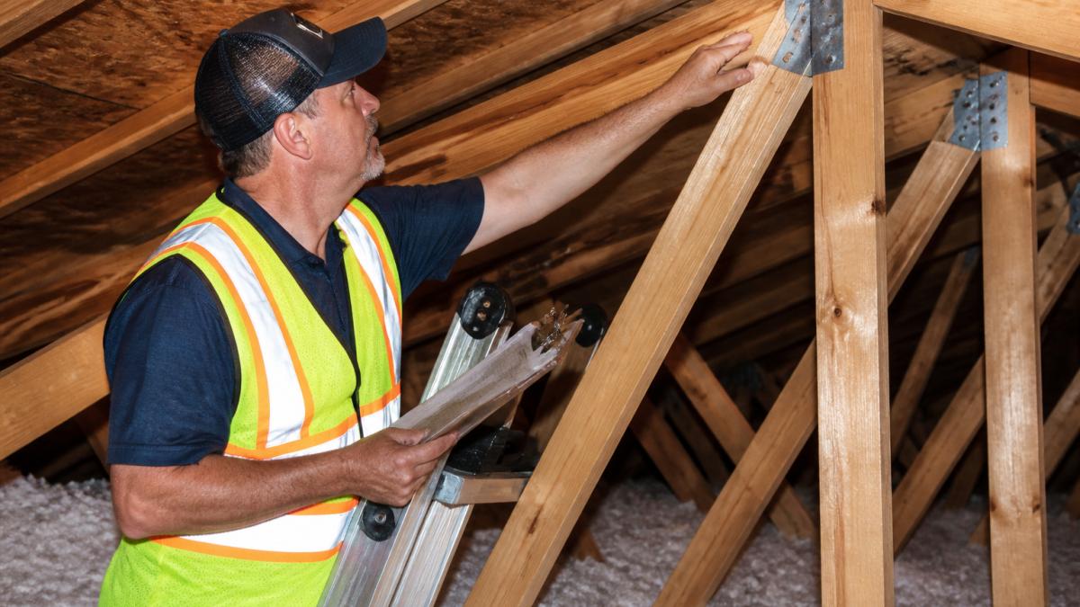 A certified inspector on a ladder examining the roof-to-wall connection inside an attic, wearing a safety vest and holding a clipboard, with hurricane clips visible on the wooden truss