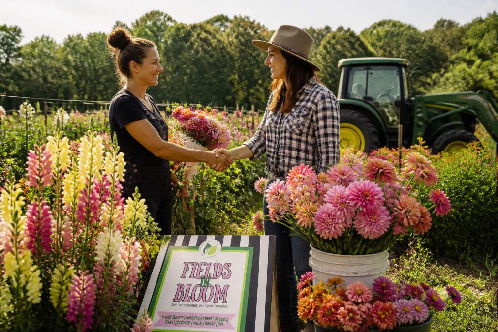 A florist and local flower farmer shaking hands in a vibrant flower field at harvest time, surrounded by blooming dahlias, zinnias, and snapdragons with farm equipment visible in the background