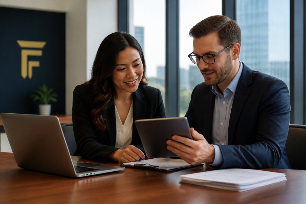 Two business professionals in a modern office reviewing financial documents on a tablet, comparing loan options with a laptop open to a spreadsheet, soft afternoon light through large windows