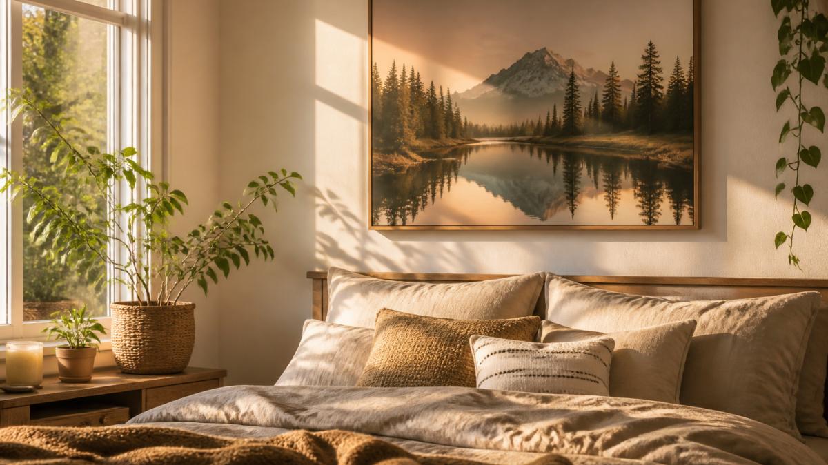 Cozy bedroom corner with nature-inspired wall art hung above a bed, warm golden hour lighting streaming through windows, potted plants on nightstand, soft bedding, creating a calm and peaceful atmosphere