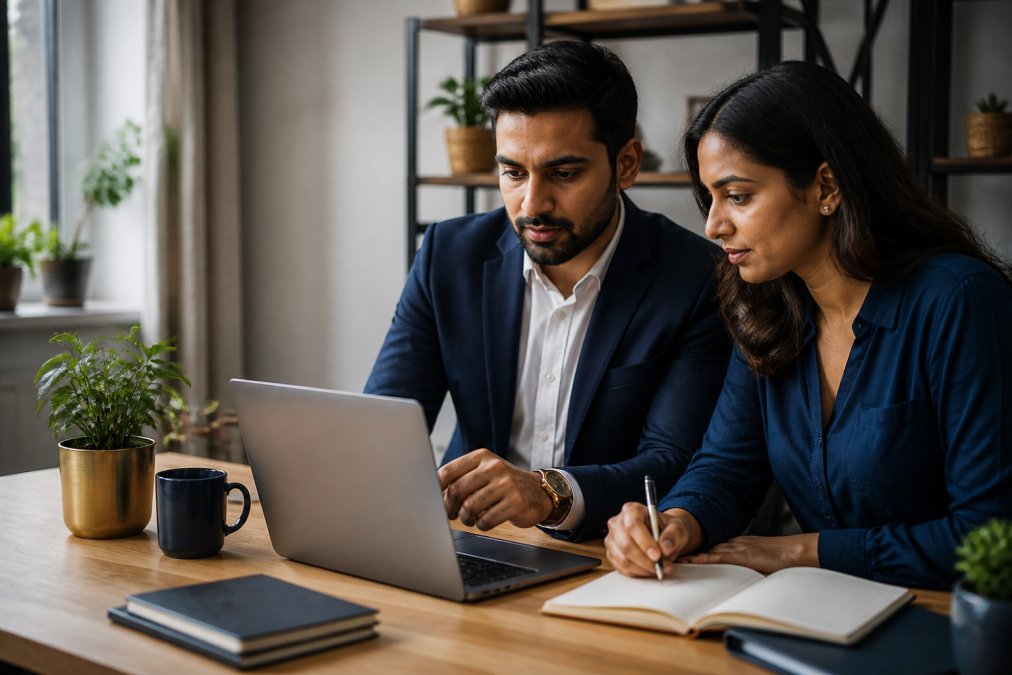 Small business owner evaluating a flow digital alternative on a laptop in a bright, modern home office space.