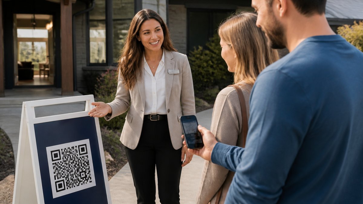 Real estate agent showing a QR code sign as a flowcode alternative for real estate agents at an open house.