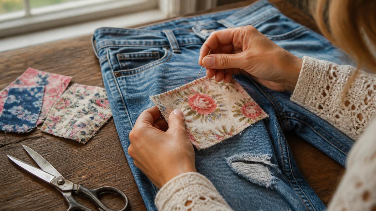 Close-up of hands hand-sewing a floral fabric patch onto a pair of blue denim jeans, needle and thread mid-stitch, scissors and fabric scraps on a wooden table, soft window light