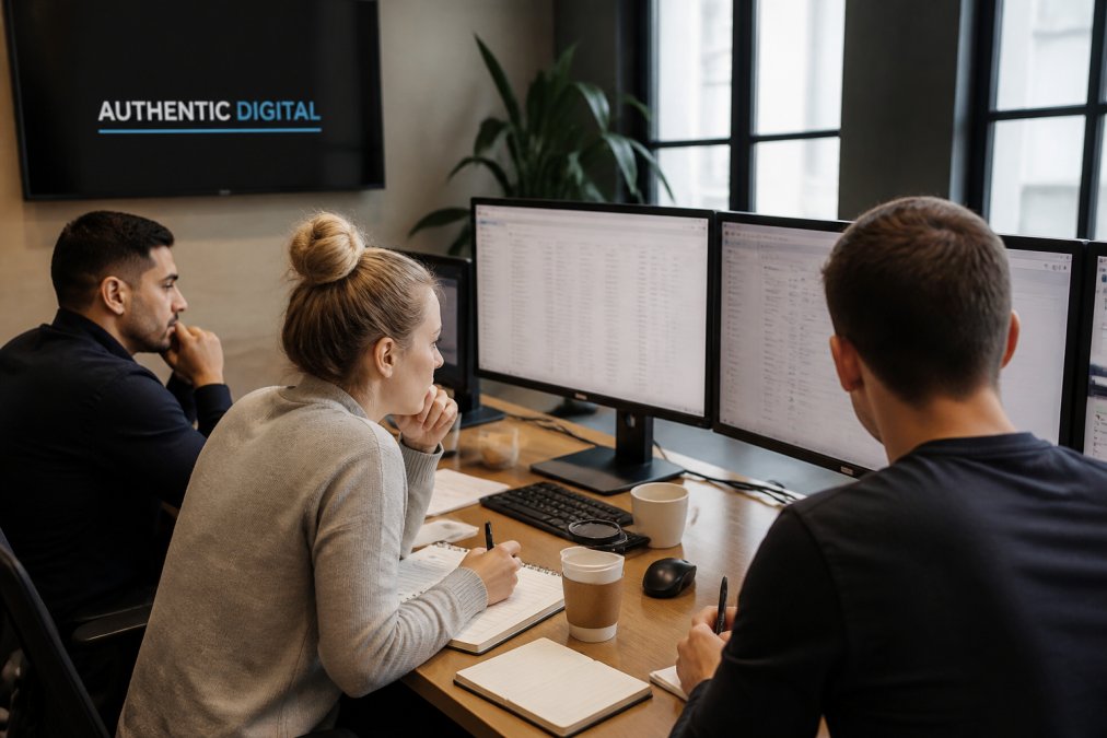Marketing team in a modern office reviewing email campaign performance on multiple monitors, with coffee cups and notebooks on the desk