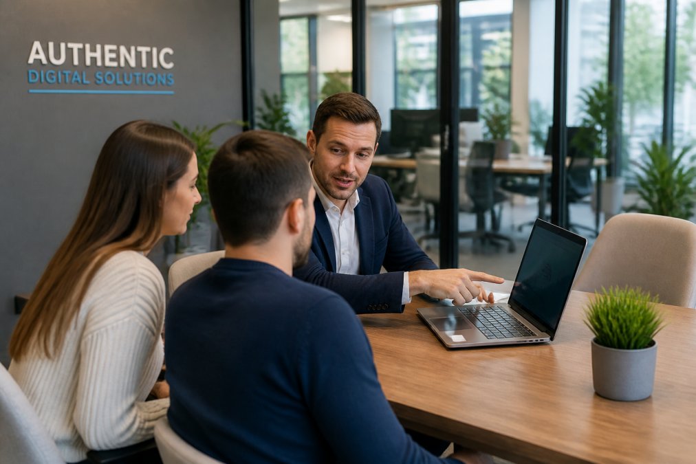 Business professional pointing at analytics dashboard on a laptop screen during a client meeting