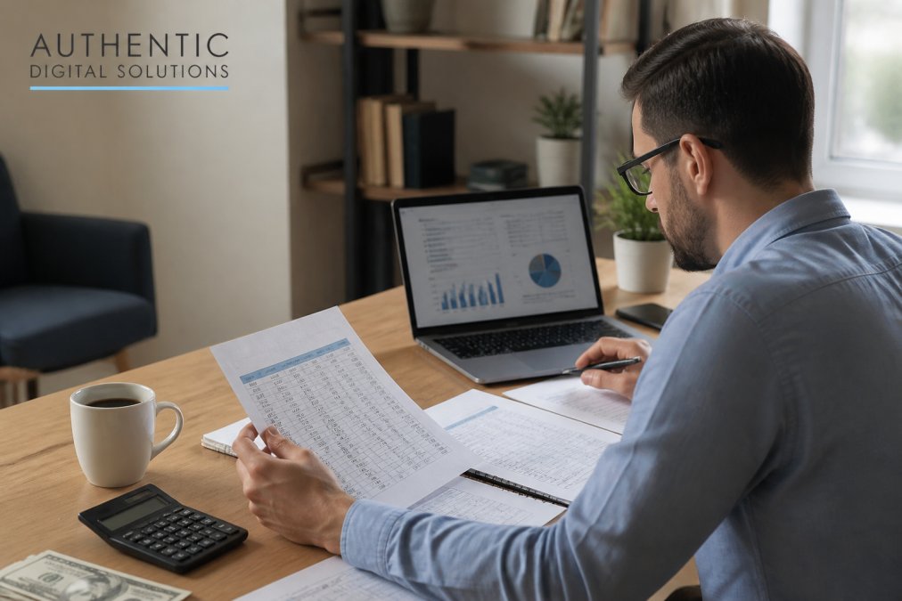 Small business owner reviewing marketing budget spreadsheet and analytics on laptop at desk with coffee in modern home office setting
