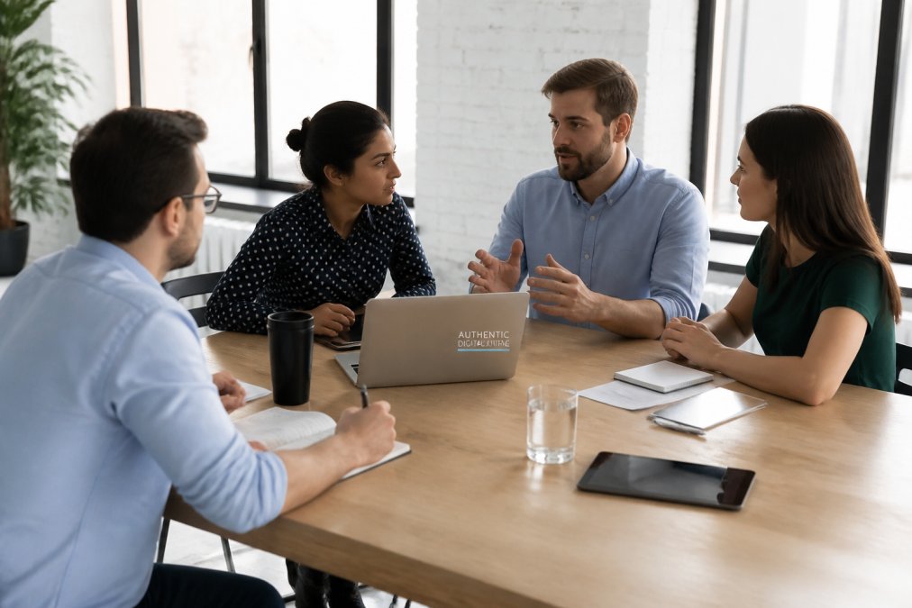 Team of marketing professionals in modern office discussing strategy around a table with laptops and notebooks, natural lighting from windows