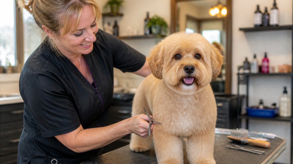 Professional groomer with fluffy dog receiving teddy bear trim in modern grooming salon with warm lighting and calm environment