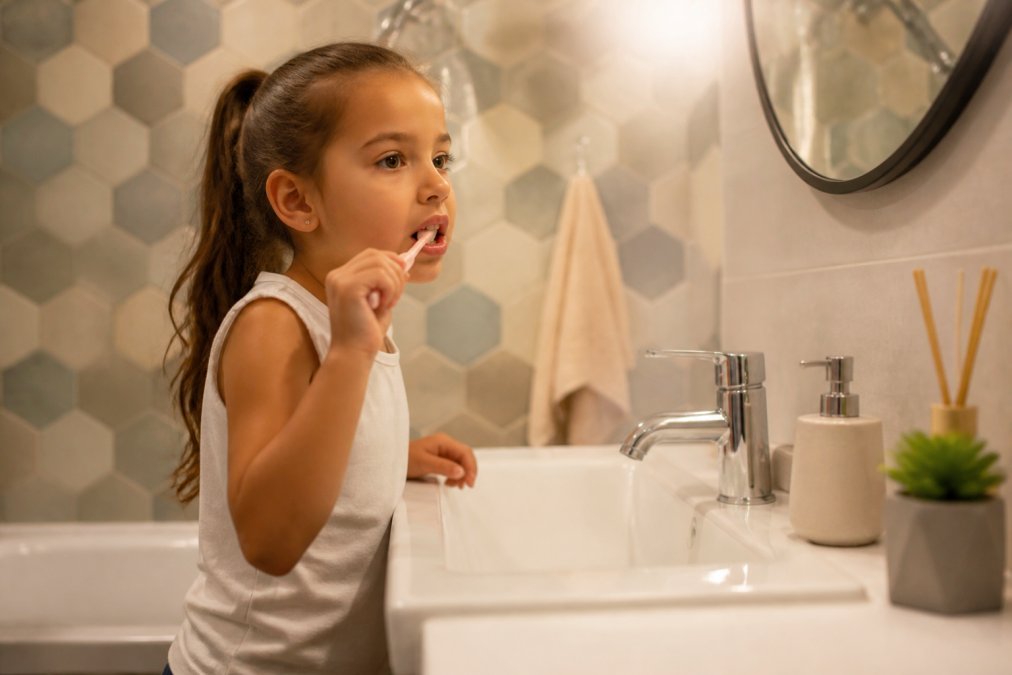 Child brushing teeth at bathroom sink with soft-bristled toothbrush, gentle technique, warm bathroom lighting