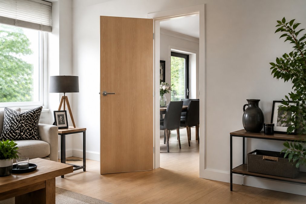 A bright modern living room with a pre-finished oak flush internal door standing slightly open, daylight from a large window catching the flat veneer surface, pale walls and wooden flooring