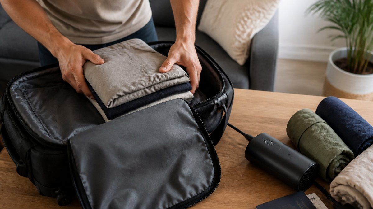 Traveller packing folded clothing into a vacuum compression backpack compartment, with an electric air pump visible on a wooden travel table beside rolled garments and a passport