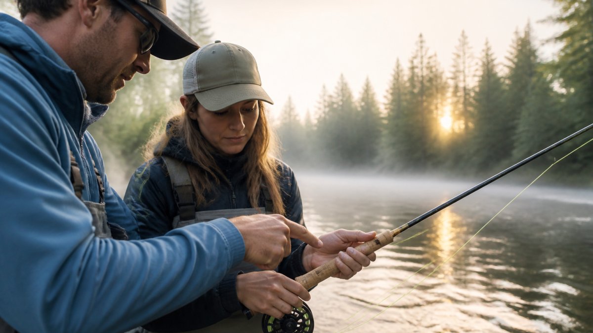 Beginner learning fly fishing for stress relief in a calm, misty stream at dawn with an instructor nearby.