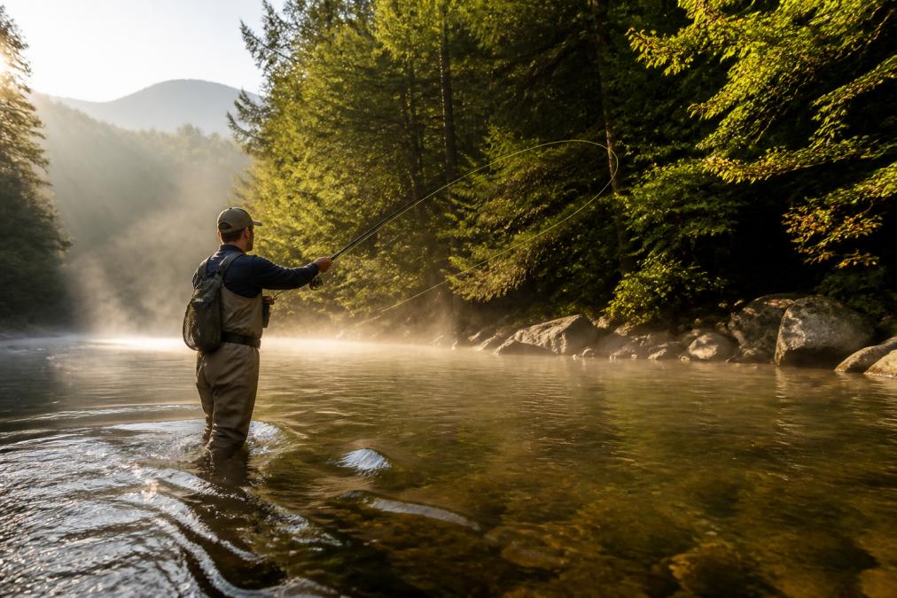 Angler fly fishing for trout in NC while standing in a misty, clear Appalachian mountain stream at sunrise.