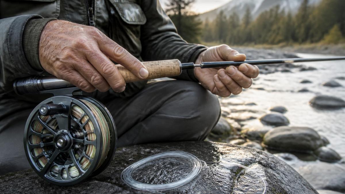 Angler inspecting the ferrule and reel seat of a fly rod on a rocky riverbank in soft morning light