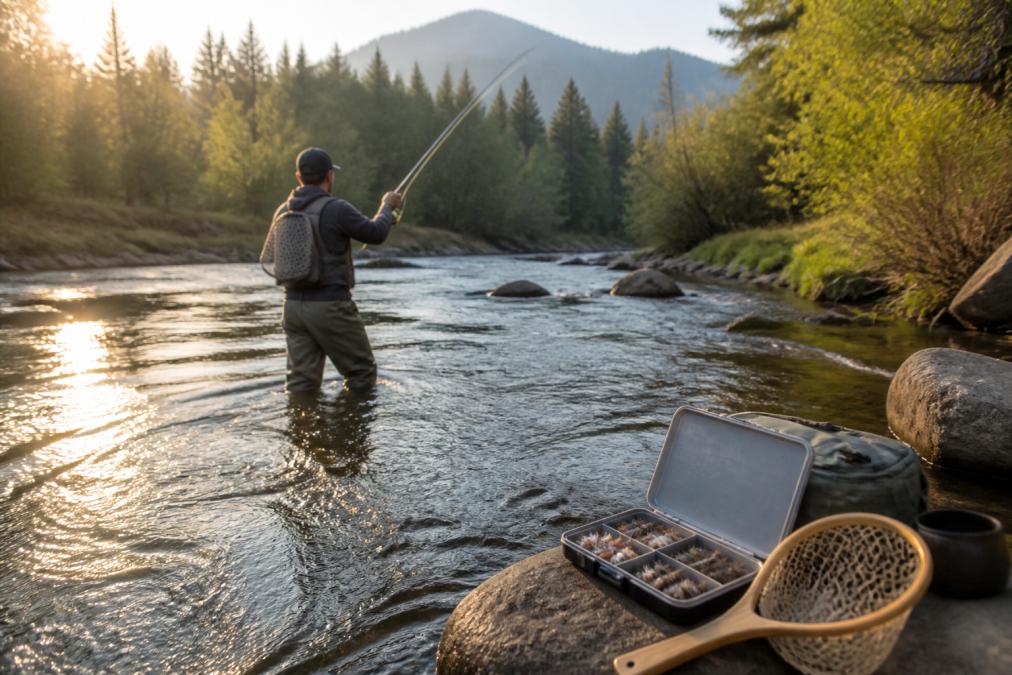 Angler in chest waders standing mid-stream with fly rod raised, reel visible, tackle box and landing net organized on a nearby streamside rock, morning light reflecting off the water