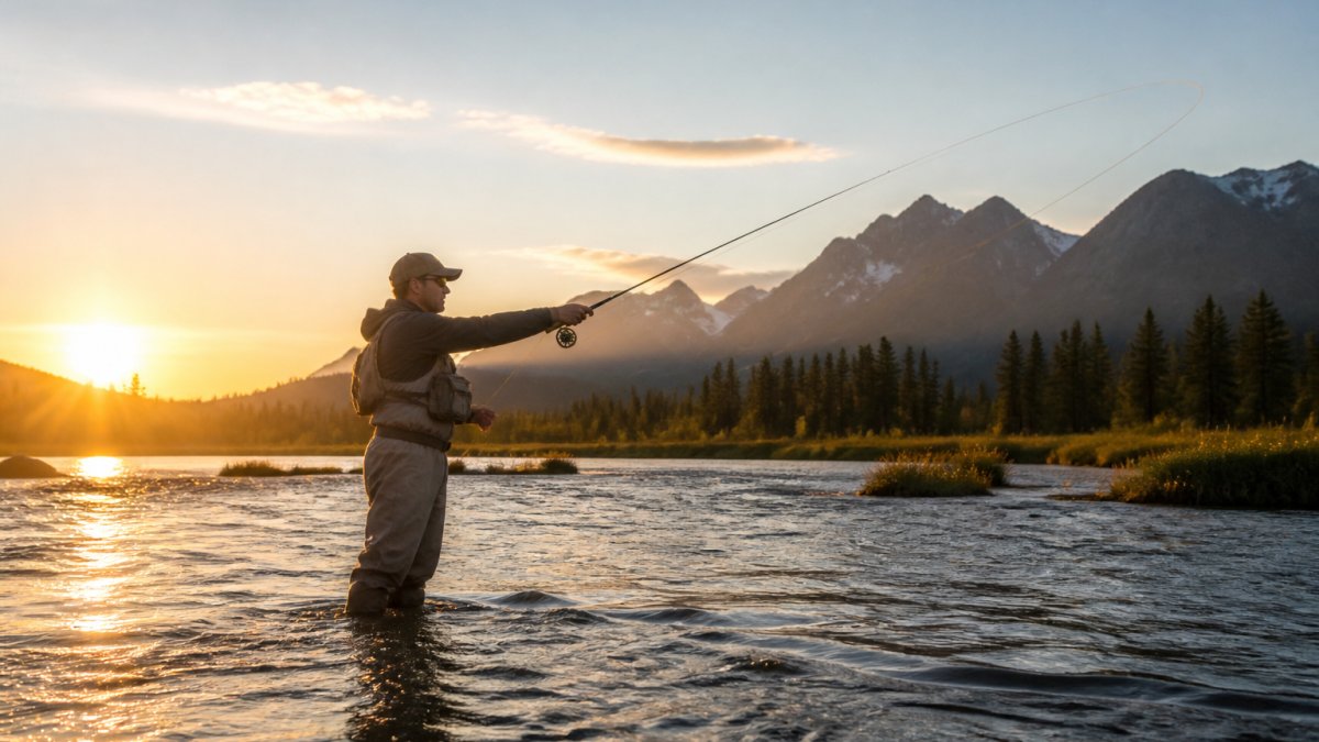 Angler in waders standing in river at sunrise, demonstrating smooth fly casting form with rod fully extended and line loop visible in mid-air, showing proper casting technique