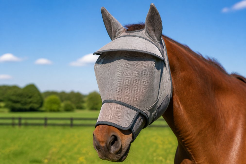 Diagram illustrating how a fly mask with UV protection blocks sun rays to protect a horse's sensitive eyes.