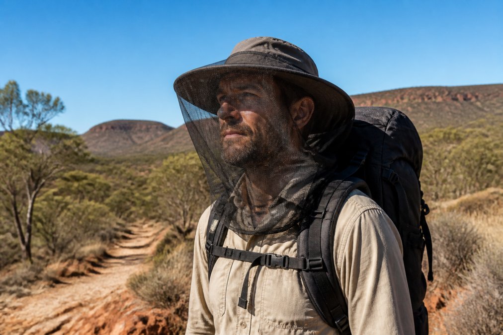 Hiker wearing a wide-brim fly net hat on a remote outback trail in harsh midday sunlight, with fine mesh clearly visible protecting the face and neck from insects