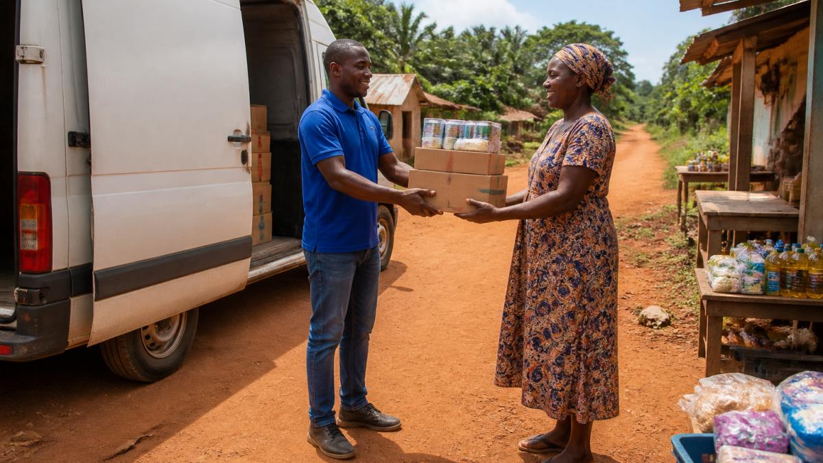 A delivery van parked on a red dirt road in rural Ghana, with a shopkeeper in a patterned dress receiving stacked cardboard boxes of soap and tinned goods from a delivery driver under bright afternoon sun