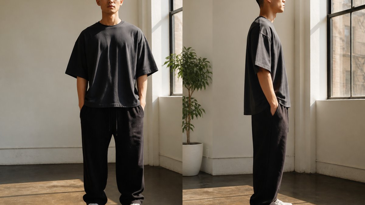 Person wearing an oversized heavyweight t-shirt in relaxed posture, showing drop shoulder and generous body fit from front and side view, natural indoor lighting