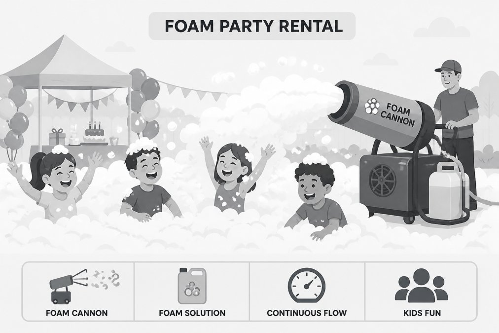 Children laughing and playing in thick, fluffy foam from a foam cannon at an outdoor birthday party, with a commercial-grade foam machine visible in the background and an operator managing the continuous flow