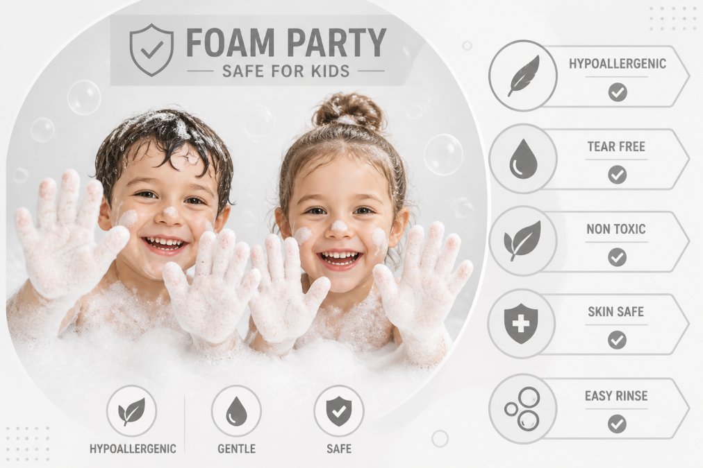 Close-up of children's hands and faces covered in white foam, showing the hypoallergenic foam solution in action, with clear skin and happy expressions to demonstrate safety and comfort