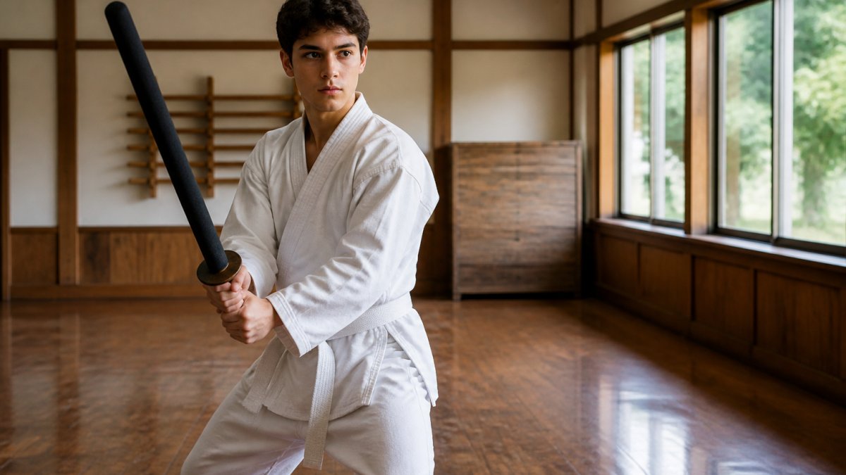 A beginner martial artist in a gi holding a foam Chanbara sword in proper guard stance in a traditional dojo setting with wooden flooring and natural light