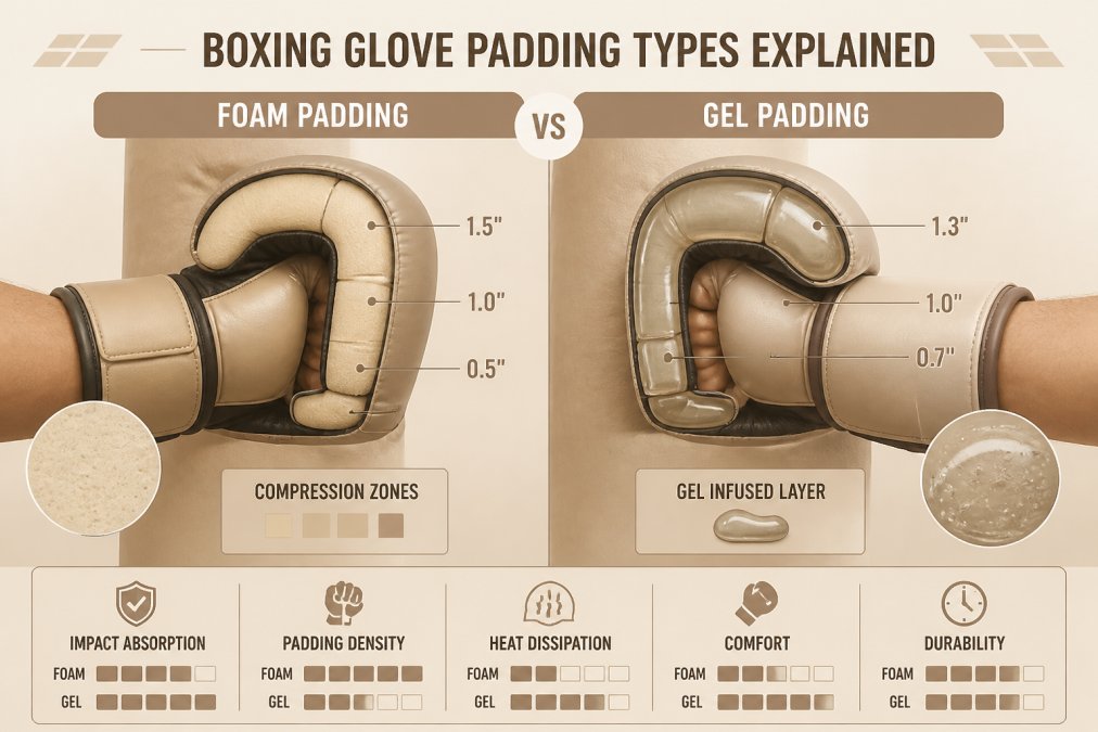 Two boxing gloves positioned side by side on a training bag, one showing dense foam padding interior with visible compression zones and one showing gel-infused padding with glossy surface, hands wearing each glove to demonstrate fit and padding thickness