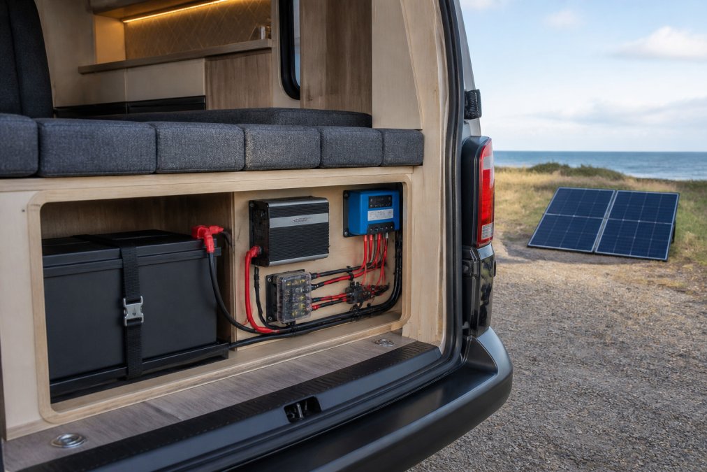 A campervan interior with a lithium leisure battery installed under a bench seat, wiring neatly routed to an MPPT solar charge controller and DC-to-DC charger, with a solar panel visible through the open rear door
