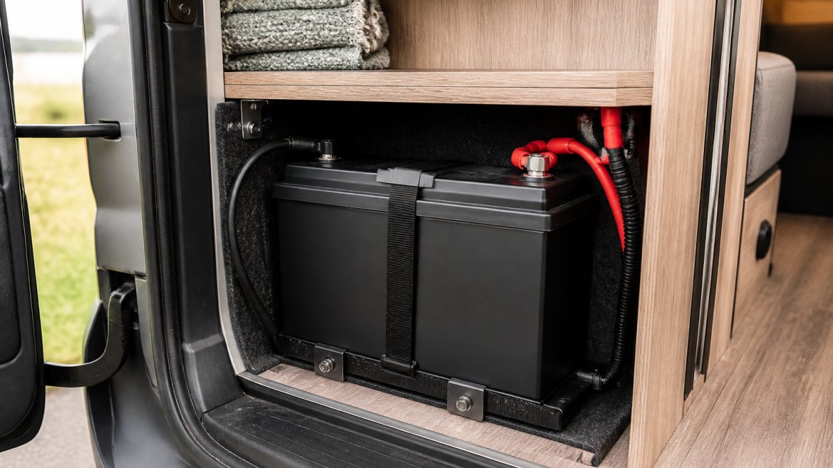 Close-up of a lithium battery installed in a campervan storage compartment with DC cable connections visible and weatherproof housing