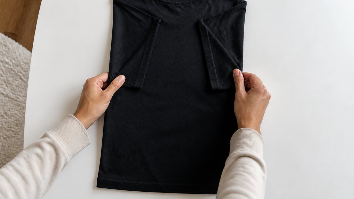 Overhead shot of hands folding a black graphic tee on a clean white surface, showing the shirt laid flat with sleeves folded inward and the graphic print facing down