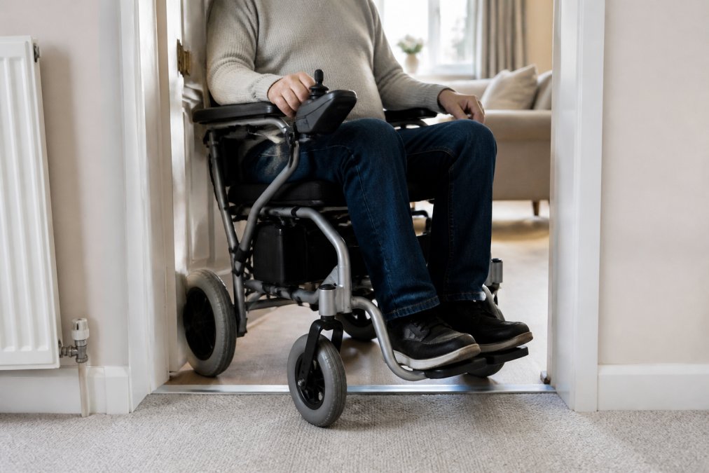 Person in folding powerchair approaching a doorway threshold at an angle, showing ground clearance and the transition from hallway to room, with natural daylight from a window